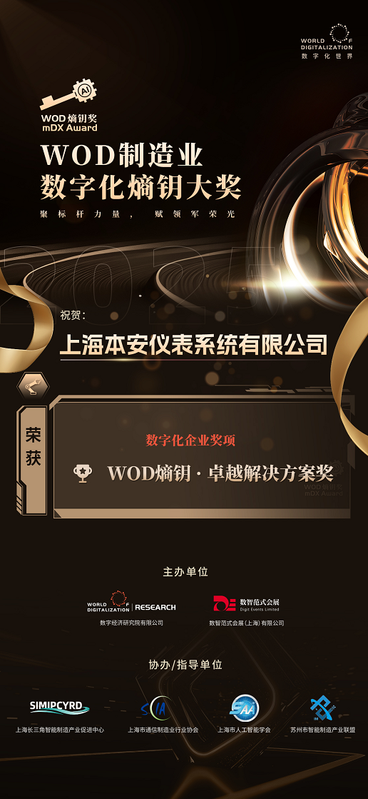 熱烈祝賀上海本安榮獲“WOD製造業-數字化熵鑰大獎”